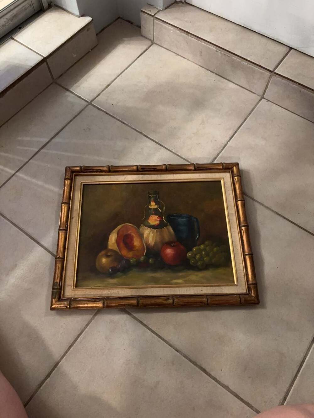 Vintage Mid-Century Still Life Oil Painting Fruit & Wine in Faux Bamboo Frame 20